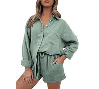 AUTOMET Tenue 2 pièces pour femme, ensemble de pyjama à manches longues boutonnées, chemises surdimensionnées et shorts, survêtement d'automne, 01 Vert, M