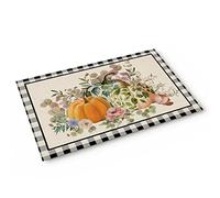 Automne Citrouille Aquarelle Fleur Feuilles D'Eucalyptus Noir Blanc Plaid Paillasson Exterieur Ramasse La Saleté Paillasson Antidérapant Tapis De Porte pour Intérieur Extérieur Couloir 40 X 60Cm
