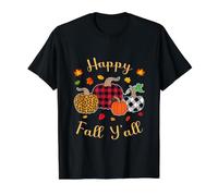 Automne Citrouille Femmes Happy Fall Y'all Buffalo Plaid Léopard T-Shirt Graphique avec Valeur, Homme, Noir, S