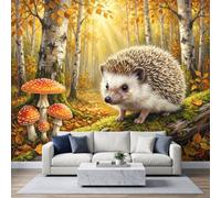Automne Conte de Fées Nature Papier Peint Photo Mural Plusieurs Mesures, Forêt de Bouleau Hérisson Papier Peint Panoramique pour Salon Chambre D'enfant Décoration 400 x 280 cm Décoration Intérieure