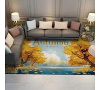 Automne Conte de fées Tapis Jaune Arbres Bleu Ciel lac Paysage Motif Accent Tapis Bas Poils Pliables pour Salle à Manger Studio dortoir 160x230cm