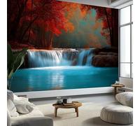 Automne Forêt Rouge Cascade Papier Peint Panoramique 200(H) x 140(L) cm, Papier Peint Intissé Poster Geant Mural Personnalisé Photographie De Nature Peinture Murale Tv Pour Salon Chambre Décoration