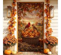 Automne Harvest Cardinal Pumpkins Jack-O'-Lanterns Housses de porte 91,4 x | Oiseaux cardinaux, toile de fond de porte d'entrée, panier tissé rustique, feuillage d'automne, thème récolte