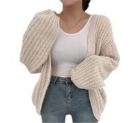 Automne Loose Knit Cardigan Jacket Lazy Style Casual Lantern Sleeve Solid Color Thin Pull Creamy-White One Size