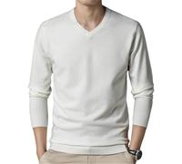Automne Pulls en Laine Hommes Classique Affaire Casual Pull Col V Chemise À Fond Fin, White, XL