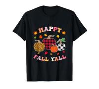 Automne Saison Citrouille Happy Fall Y'all Plaid Leopard Print T-Shirt Graphique avec Valeur, Homme, Noir, S