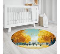 Automne Université Campus Marche Paysage Tapis Arbres Jaunes Feuilles Chemin Lavable Antidérapant Mince Rond Tapis pour Vivre Chambre Salle de Bain 120x120cm