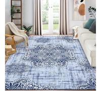 Auton Tapis Lavables, Tapis Doux Antidérapant pour Salon Poils Basses Fleurs Orientales Tapis Intérieur Mince pour Ferme Chambre Salle à Manger Bureau 80x150cm Bleu