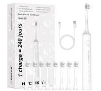 HYCHIKA Brosse à dents électrique, technologie ultrasonique, avec 3 modes de nettoyage, blanche, IPX7 + 8 têtes de brosse à dents