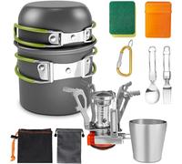 AUTOPkio Kit de Casserole Camping avec Réchaud, 12 PCS Batterie Cuisine Camping en Aluminium Ustensiles de Cuisine de Camping avec Tasse Vaisselle pour Randonnée Outdoor Pique-Nique Pêche