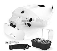 AUTOPkio Lunette Loupe avec Lumière USB Charge 2 LED Loupes de Grand Augmentation pour Modélisme Réparation Bijoux et Montres Interchangeables 5 Verres 1.0X 1.5X 2.0X 2.5X 3.5X