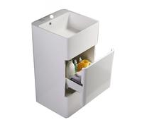 Autoportant Vanité de salle bain carrée avec tiroir rangement, évier sur pied en pierre artificielle, lavabo carré moderne trou trop-plein et robinet moderne