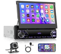 Autoradio 1 Din avec Bluetooth iOS/Android Mirror Link 7 Pouces Écran Rétractable Manuellement Autoradio avec Bluetooth Mains Libres FM Radio/USB/AUX/EQ/Type C Commandes au Volant + Caméra de Recul