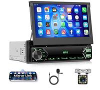 Autoradio 1 Din avec Bluetooth Mains Libres iOS/Android Mirror Link 7 Pouces Écran Rétractable Manuellement Autoradio avec Bluetooth FM Radio/USB/AUX/EQ/Type C Commandes au Volant + Caméra de Recul