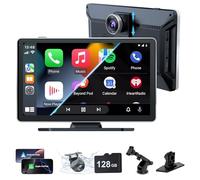 Stéréo de voiture sans fil, audio portable de 22,9 cm, écran de voiture avec 4K avant + arrière 1080p double caméra, carPlay sans fil avec Mirror Link/S-iri/AUX/128G SD