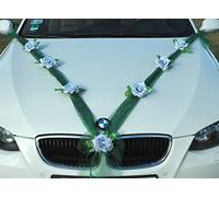Autoschmuck Organza M Décoration de voiture pour mariage composée de ruban organza et roses (argent/vert)