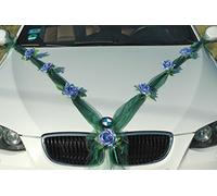Autoschmuck Organza M Décoration de voiture pour mariage composée de ruban organza et roses (bleu/vert)