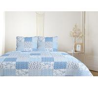 Autrefois Boutis Patchwork Bleu Mimosa, Dessus de lit 230x250 cm avec 2 Taies d'oreiller 65x65 cm, Couvre-lit Matelassé 2 Personnes, Dessus de lit Fleurs