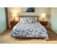 Autrefois Boutis Patchwork Mystère - Dessus de lit 230x250 cm avec 2 Taies d'oreiller 65x65 cm, Couvre-lit Matelassé 2 Personnes, Dessus de lit Motif Feuilles Bleu