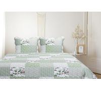 Autrefois Boutis Patchwork Vert Avril, Dessus de lit 230x250 cm avec 2 Taies d'oreiller 65x65 cm, Couvre-lit Matelassé 2 Personnes, Dessus de lit Fleurs