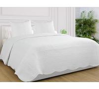 Autrefois Couvre lit Boutis 2 Places 100% Coton 240 * 260cm avec 2 taies 65 * 65cm, Piqué Brodé Uni, Couleur Uni Blanc, Bastidon Blanc