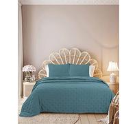 Autrefois Dessus de lit 240 x 260 cm Sixtine Bleu - Effet Peau de pêche - Couvre lit matelassé Doux et léger - Boutis uni 2 Places - Couverture Microfibre - Plaid canapé déco