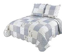 Autrefois Ensemble de couette Floral Bleu, 230x250 cm, 2 Taies d'oreiller 65x65 cm, Couvre-lit Matelassé 2 Personnes, Dessus de lit Fleurs et Dentelle