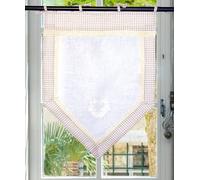 Autrefois Rideau Enrouleur et Brise bise, Lin brodé, Voilage Broderie, Style Charme, Petit Rideau Fin, Decoration pour fenetre de Cuisine, Salle de Bain, Salon, Vichy (Beige, 60 x 120 cm)