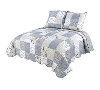 Autrefois Victoria Bleu Boutis Patchwork 230x250 cm avec 2 Taies d'oreiller 65x65 cm, Couvre-lit Matelassé 2 Personnes, Dessus de lit Fleur et Dentelle