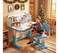 Autrfso Ensemble bureau et chaise pour enfants, bureau d'étude réglable en hauteur avec étagères et tiroir, protection des yeux, distance de vision, bureau pour garçons cadeau bleu