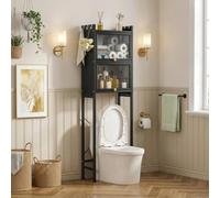 Autrfso Over Toilet Storage Cabinet, 3-Tier Bathroom Organizer with Doors, No Drill Waterproof Steel Shelving Unit, Dustproof PVC Bathroom Space Saver, 165cm Tall Stand Noir
