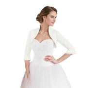 AUTTOGirl Boléro en satin pour femme - Élégante veste de mariage - Manches 3/4 - Parfait pour la mariée, le mariage et le bal de fin d'année, ecru, S