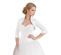AUTTOGirl Veste Satin Boléro pour Femmes - Élégante Robe de Mariée - Veste de Mariage 3/4 Manches - Parfait pour la Mariée, le Mariage et le Bal de Soirée, Blanc., M