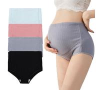 AUTUCAU Lot de 4 culottes de maternité en coton taille haute réglable sans couture pour la grossesse, Gris + noir + bleu clair + corail clair (lot de 4), Large