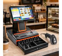 AUTUMFLATGAO Caisse Enregistreuse Tactile pour Commerce, Restaurant Et Café, Système Pos avec Imprimante Intégrée, Tiroir-Caisse, Scanner Code-Barres, Afficheur Client Et écran 15,6" Black