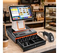 AUTUMFLATGAO Caisse Enregistreuse Tactile pour Commerce, Restaurant Et Café, Système Pos avec Imprimante Intégrée, Tiroir-Caisse, Scanner Code-Barres, Afficheur Client Et écran 15,6" White