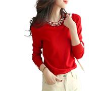 Autumn and Winter Long Sleeved Solid Color Nail Bead Base Shirt Women's Casual Versatile Short Knitted Sweater(M)