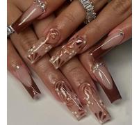 Autumn Brown Glossy Faux Ongles Nails French Manucure Design 24pcs Appuyez Sur Nails For Women Longueur Moyenne Nail Scintillant