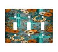 Autumn Cross Plaques d'interrupteur/couvercles de prise, motif floral bleu sarcelle et orange pour décoration d'intérieur, plaques murales en thermoplastique, taille standard triple bascule