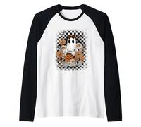 Autumn Fall Ghost Checkered Thanksgiving Design. Woman Manche Raglan