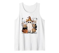 Autumn Floral Ghost and Black Cat Design. Woman Fall Débardeur