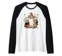 Autumn Floral Ghost and Black Cat Design. Woman Fall Manche Raglan