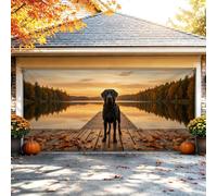 Autumn Lake Labrador Sunset Housse de porte de garage 397 x 180 cm | Quai en bois, décorations de porte de garage, vue sur le lac au coucher du soleil, feuillage d'automne, portrait d'animal