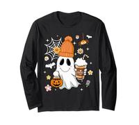 Autumn Men Women Cute Ghost Drinking Coffee Spooky Halloween Manche Longue