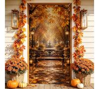 Autumn Park Housses de porte pour banc 91,4 x 182,9 cm | Paysage d'automne, toile de fond de porte d'entrée, banc en fer forgé, feuilles d'érable dorées, chemin boisé