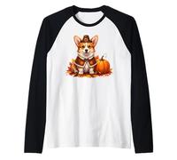 Autumn Pumpkin Fall Season Cute Corgi Thanksgiving Dog Manche Raglan