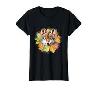 Autumn Wolf Portrait Feuille d'érable Aquarelle Wildlife Art T-Shirt Graphique avec Valeur, Femme, Noir, XS