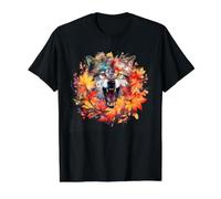 Autumn Wolf Portrait Feuille d'érable Aquarelle Wildlife Art T-Shirt Graphique avec Valeur, Homme, Noir, S