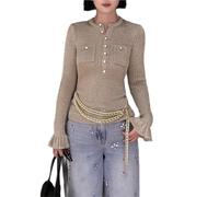 Autumn Women Chain Waist Slim Fit Khaki Sweater O-Neck Half Open Button Pocket