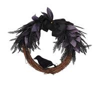 Autumn Wreath with Crows & Bow - Sturdy Door Hanging Decor for Home/Party/Glass Panel | Gothic Fall Garland with Rattan Hoop Design